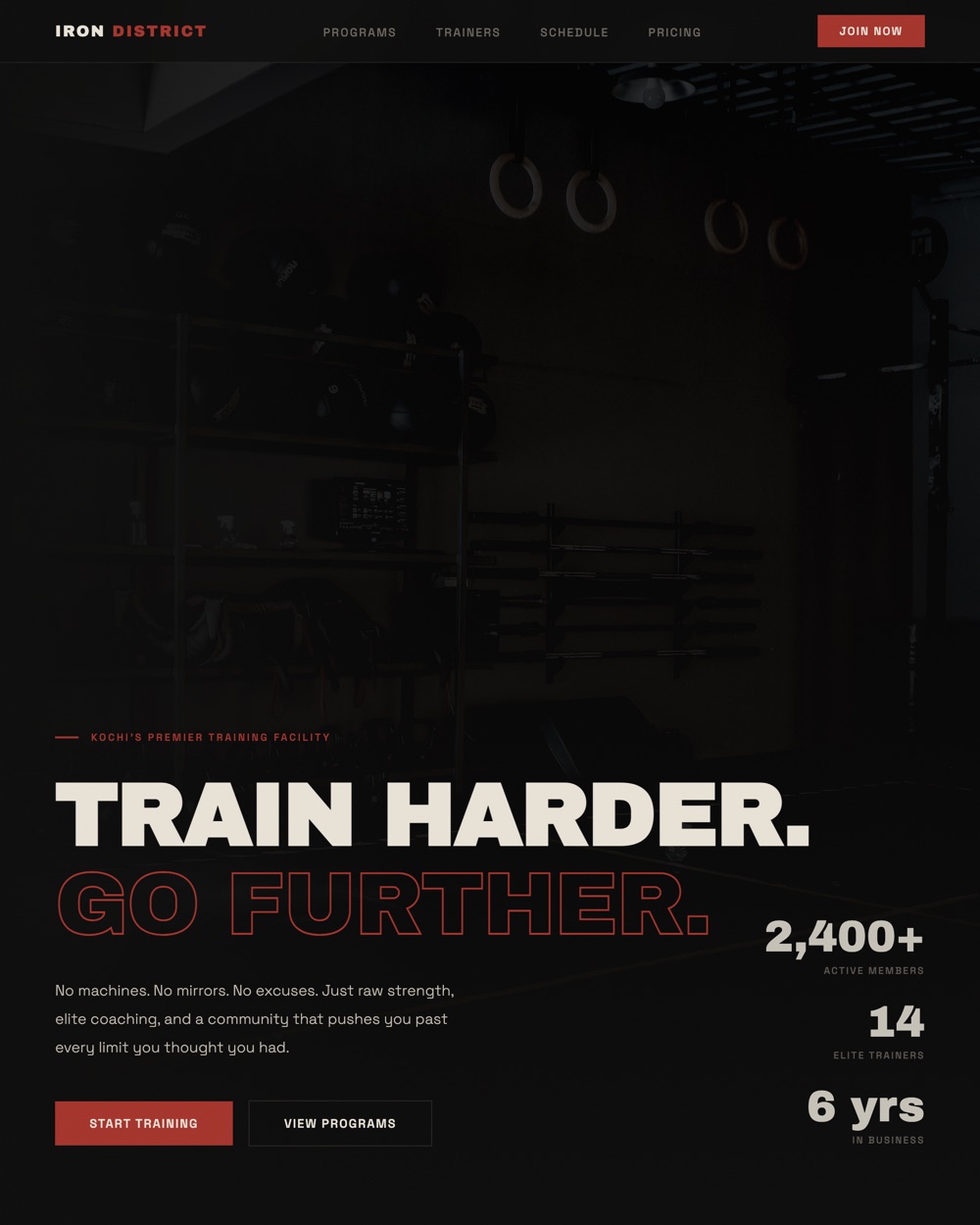 Homepage of Iron District, a gym website designed and built by XORVA